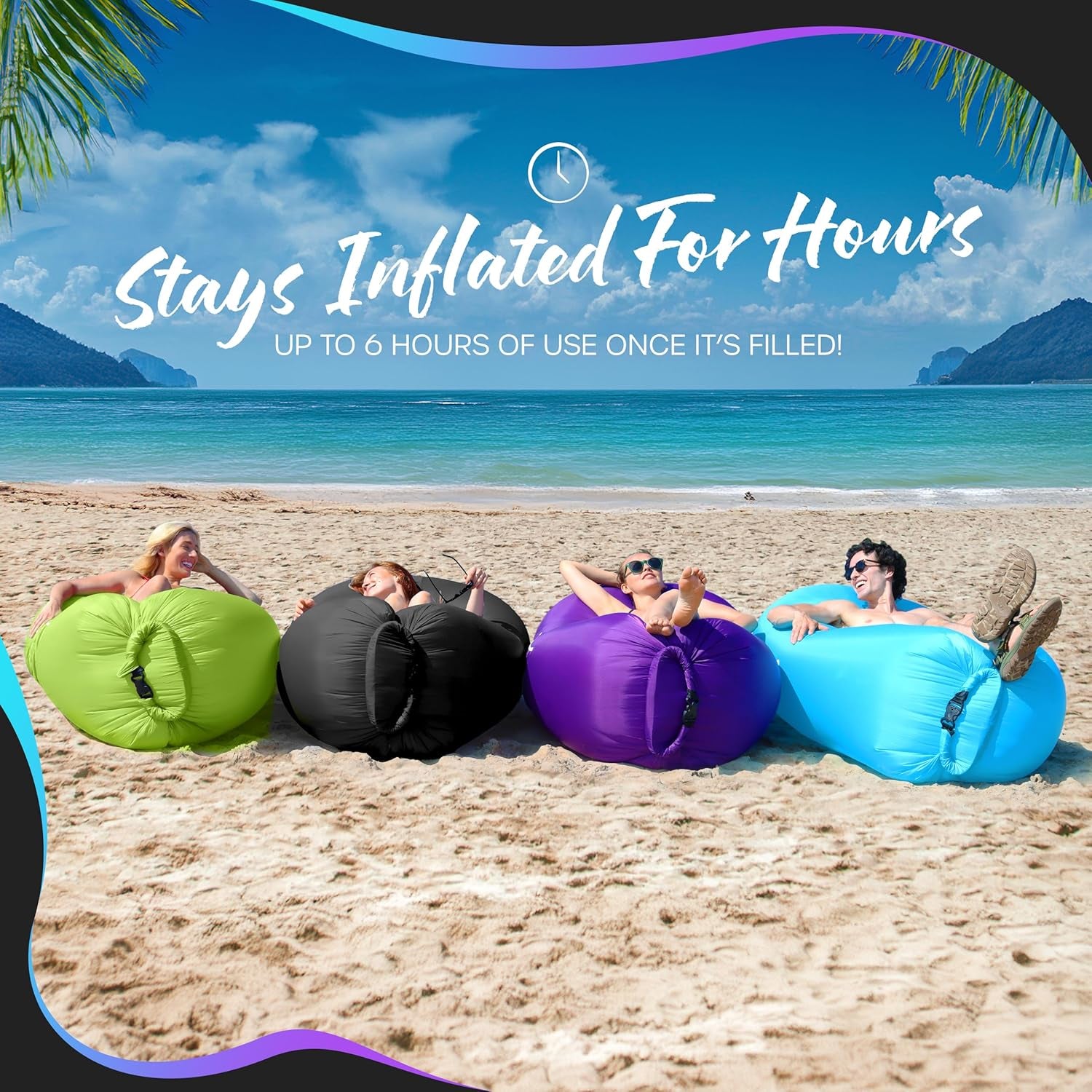 Black & Blue Inflatable Lounger 2 Pack | 210T Polyester Inflatable Couch Set |No-Pump Blow up Couch | Outdoor Furniture W/ 450Lbs. Capacity, Pockets & Carry Bags for Use as Festival Essentials