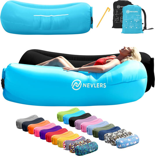 Black & Blue Inflatable Lounger 2 Pack | 210T Polyester Inflatable Couch Set |No-Pump Blow up Couch | Outdoor Furniture W/ 450Lbs. Capacity, Pockets & Carry Bags for Use as Festival Essentials